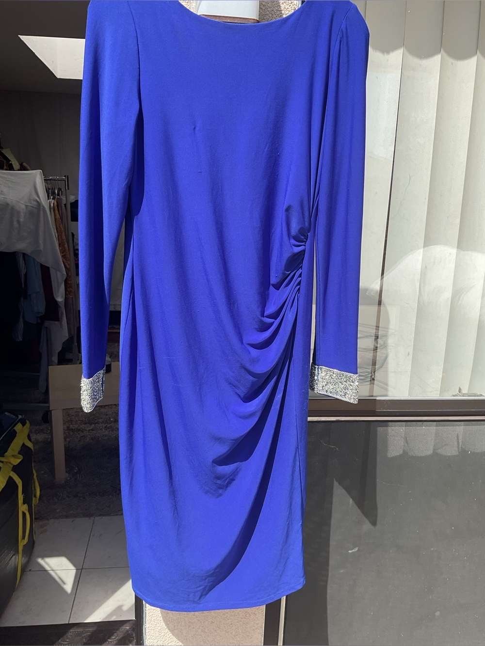 Marina women jersey cowl back rhinestone trim  royal blue